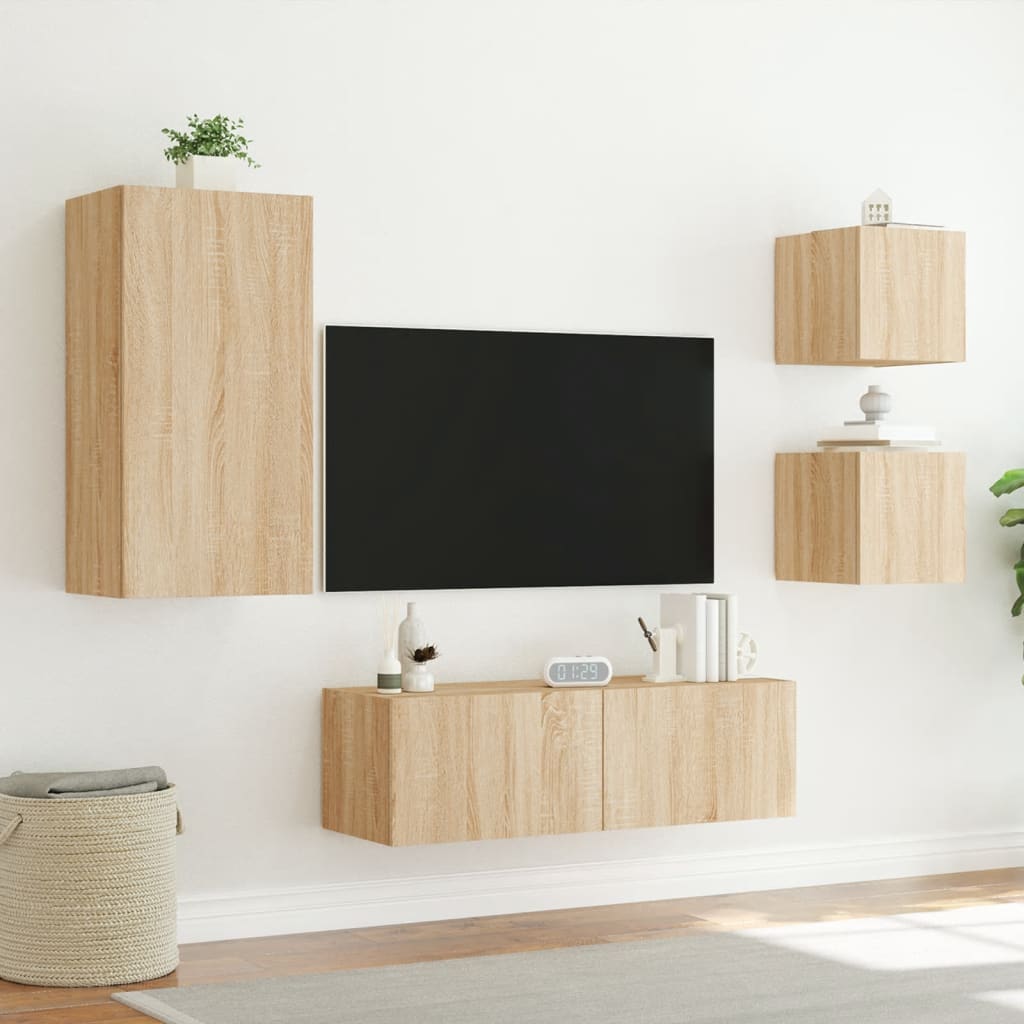 Meuble TV mural 4 pièces avec éclairage LED en chêne Sonoma