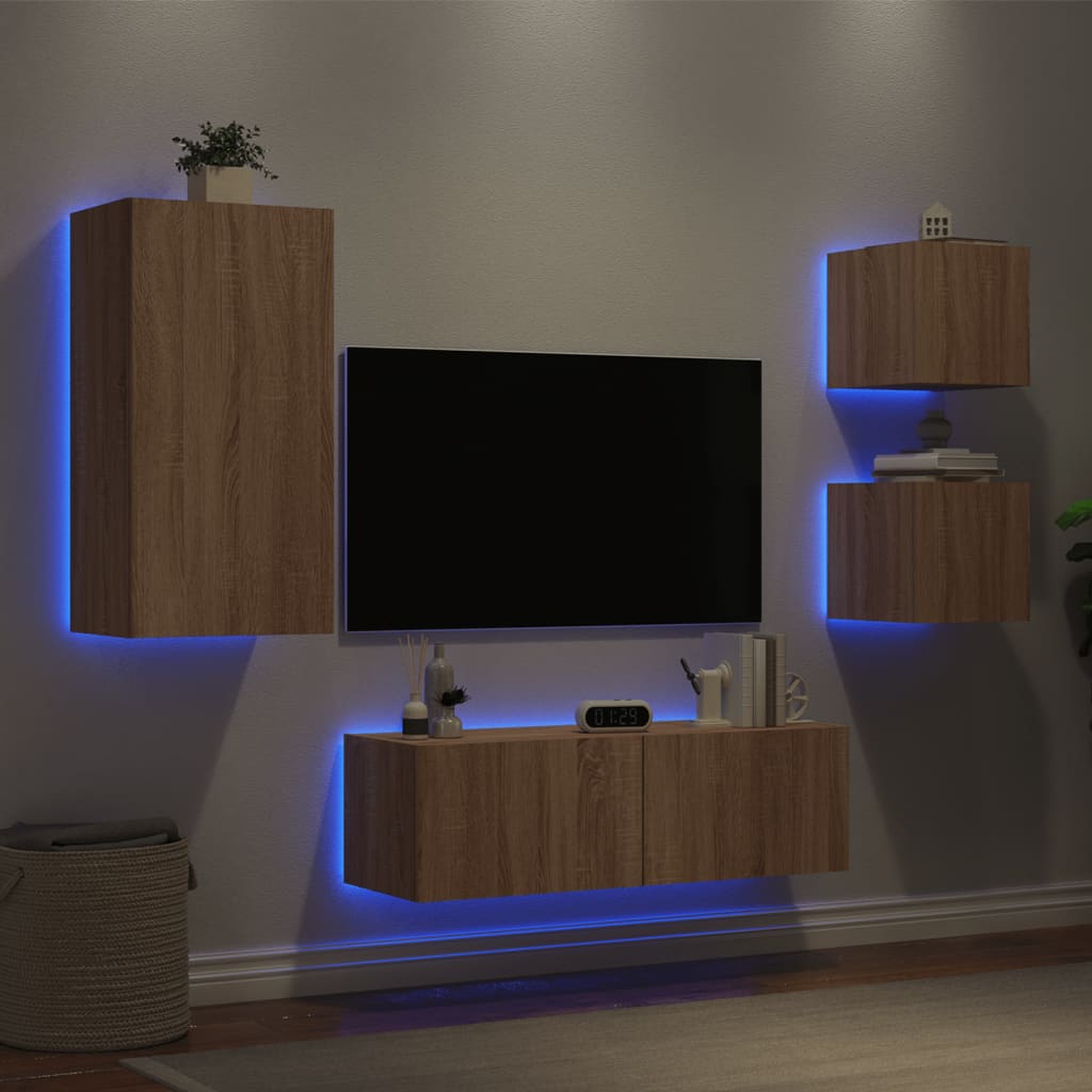 Meuble TV mural 4 pièces avec éclairage LED en chêne Sonoma