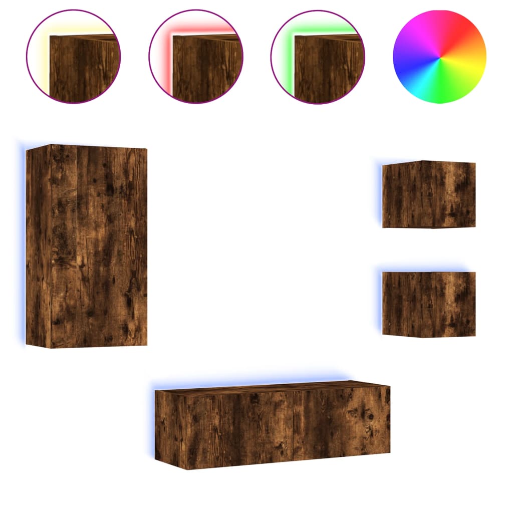 Meuble TV mural 4 pièces avec éclairage LED en chêne fumé