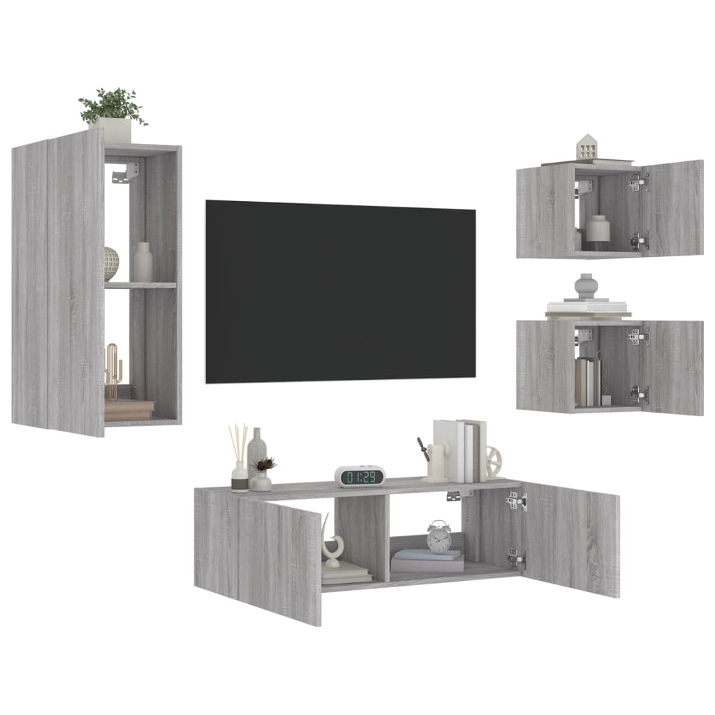 Meuble TV mural 4 pièces avec éclairage LED en gris Sonoma