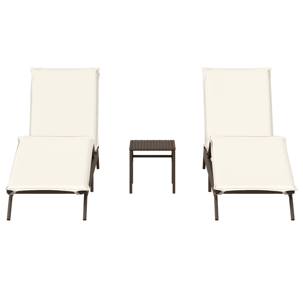Chaises longues 2 pcs avec table en polyrotin marron