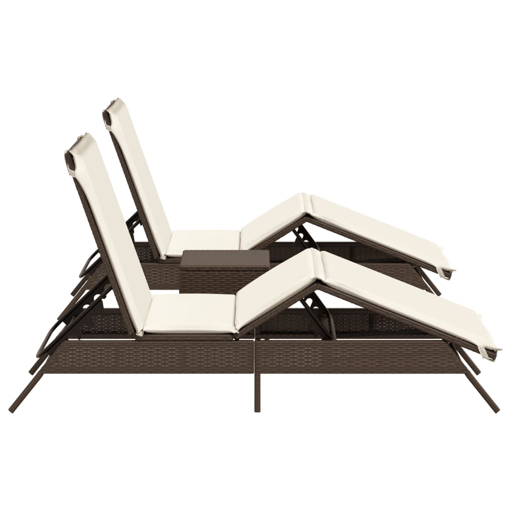 Chaises longues 2 pcs avec table en polyrotin marron