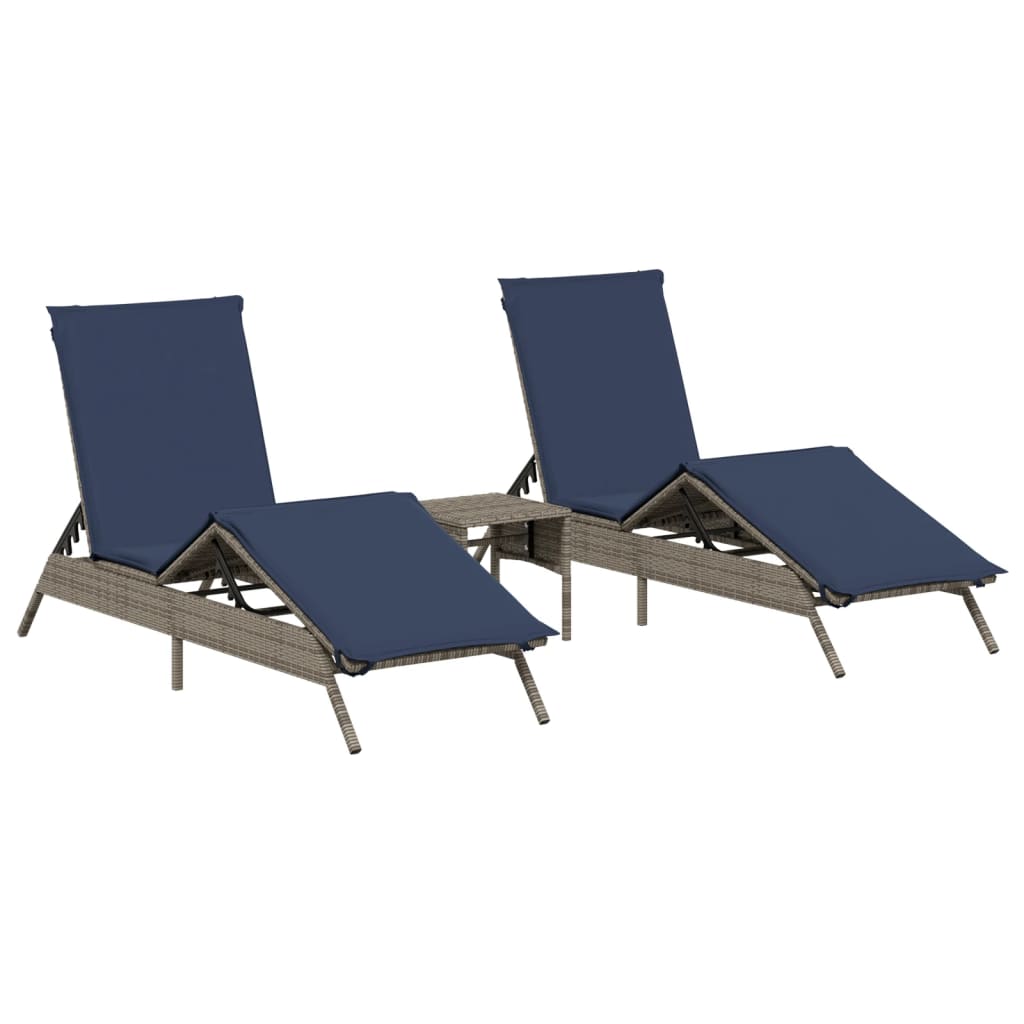 Sun Loungers 2 pcs. with Table Grey Poly Rattan