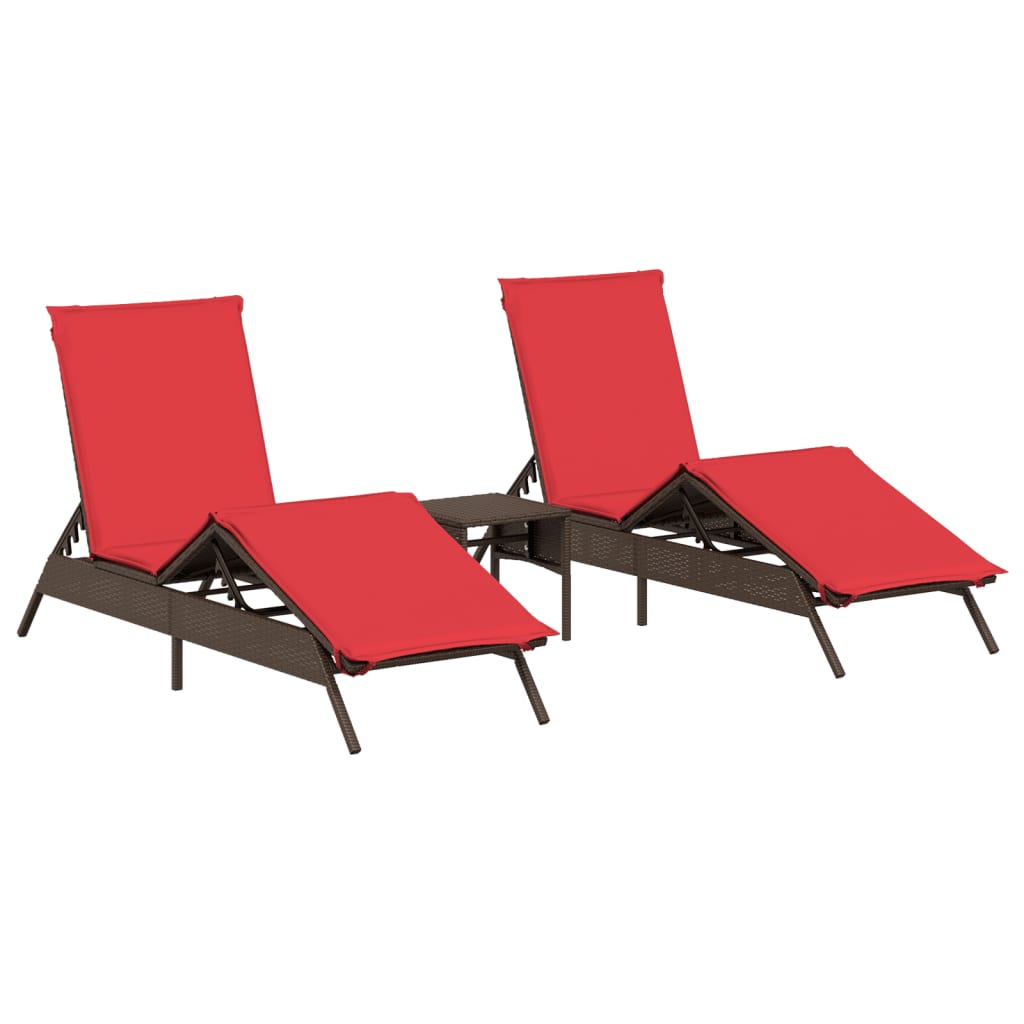 Sun loungers 2 pieces with table brown poly rattan