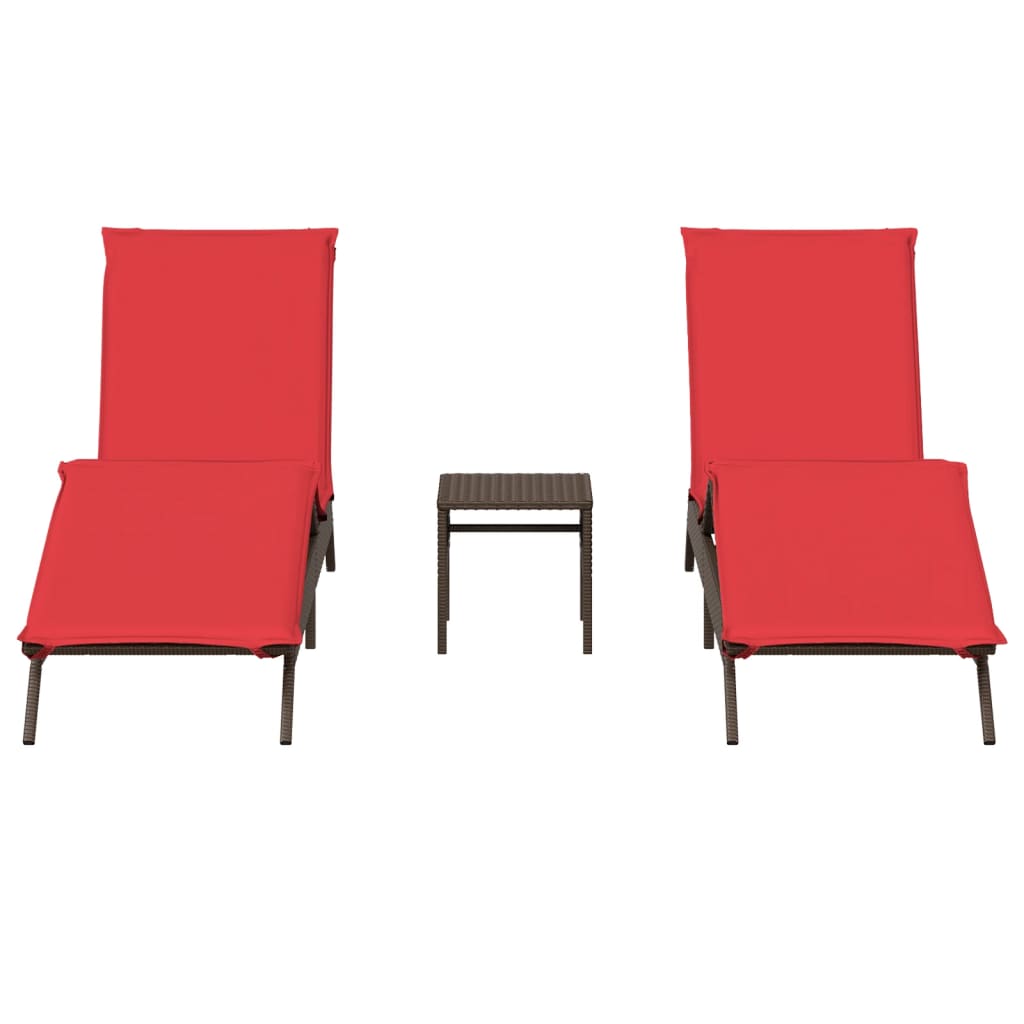 Sun loungers 2 pieces with table brown poly rattan