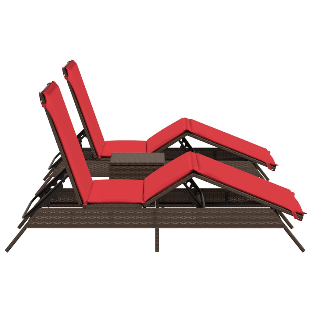 Sun loungers 2 pieces with table brown poly rattan