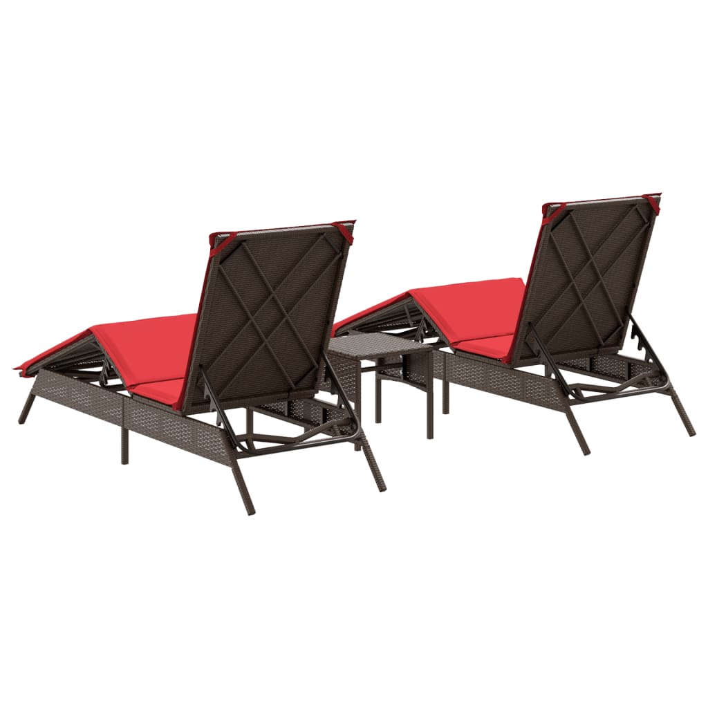 Sun loungers 2 pieces with table brown poly rattan