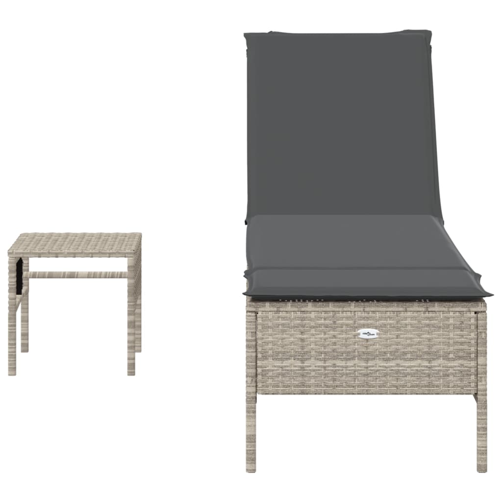 Bain de soleil avec table et coussin en polyrotin gris clair