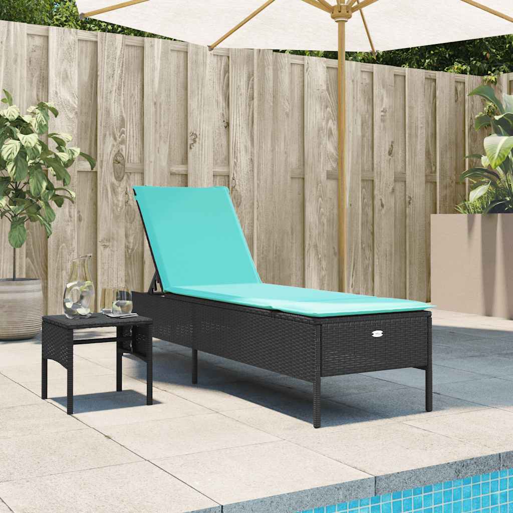 Sonnenliege mit Tisch und Kissen Schwarz Poly Rattan