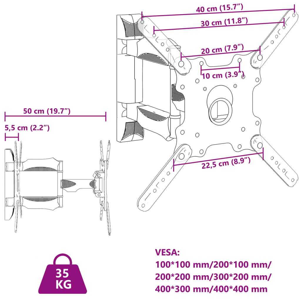Support mural TV écran 32-55 pouces Max VESA 400x400 mm 35kg