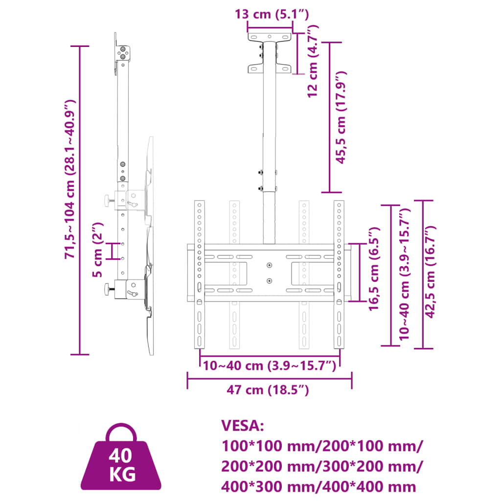 Support TV plafond écran 32-65 pouces Max VESA 400x400 30kg