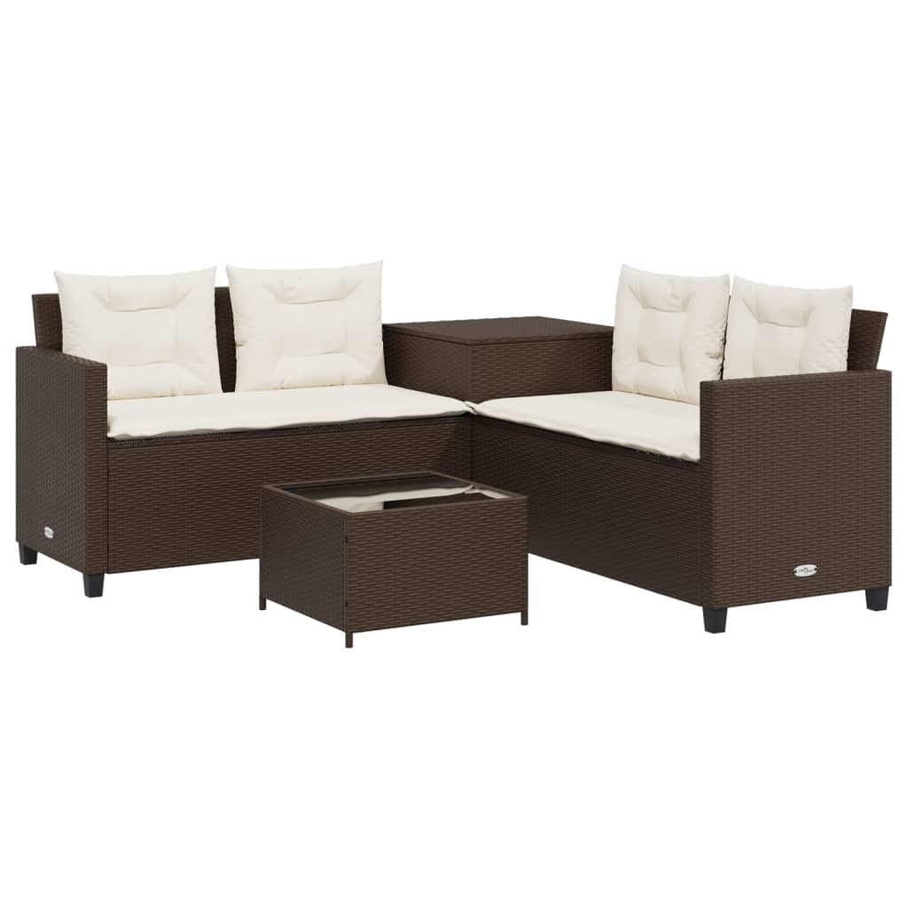 L-shaped garden sofa with table and cushions brown poly rattan