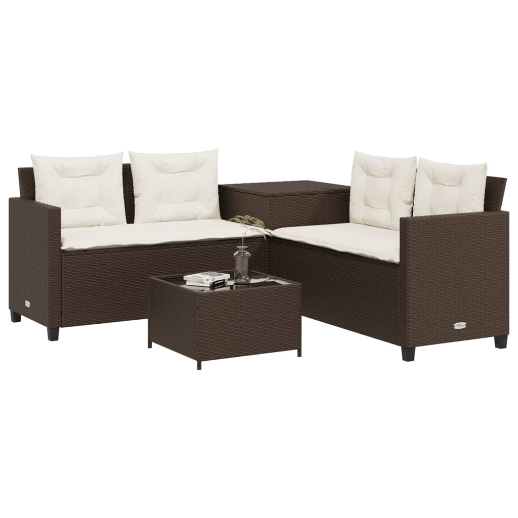 L-shaped garden sofa with table and cushions brown poly rattan