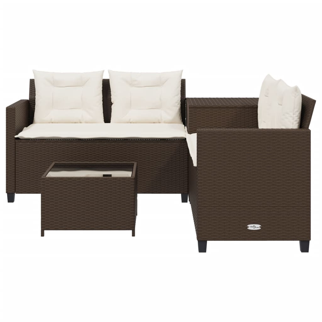 L-shaped garden sofa with table and cushions brown poly rattan
