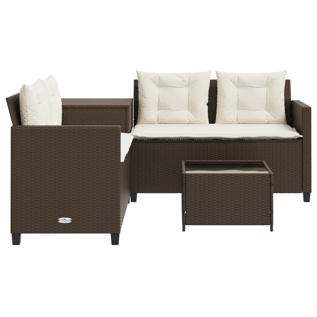 L-shaped garden sofa with table and cushions brown poly rattan
