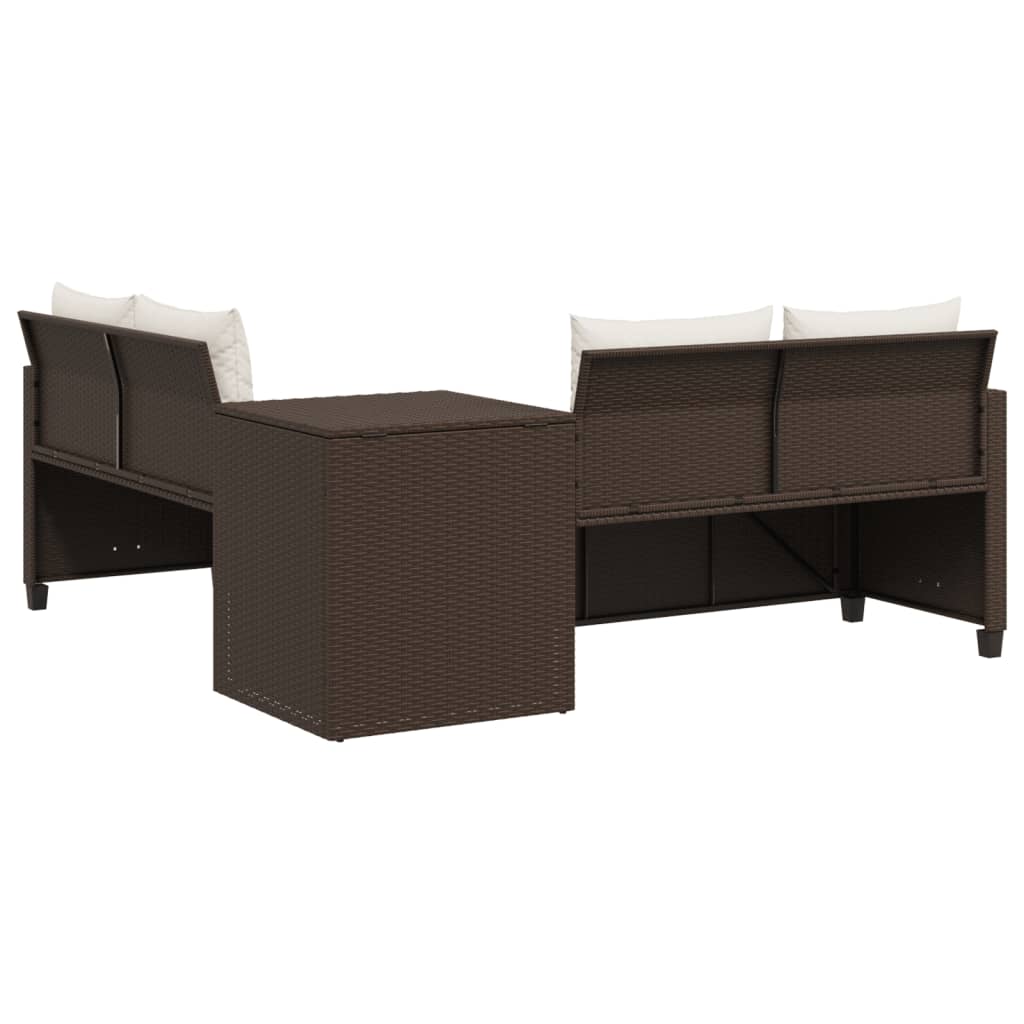 L-shaped garden sofa with table and cushions brown poly rattan