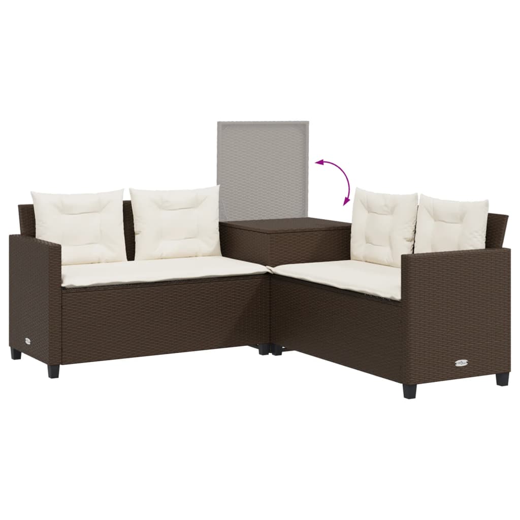L-shaped garden sofa with table and cushions brown poly rattan