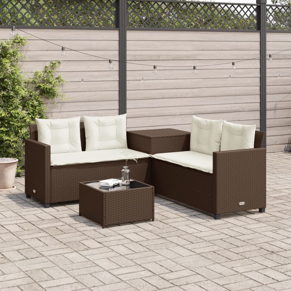 L-shaped garden sofa with table and cushions brown poly rattan
