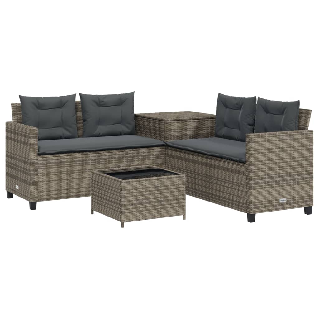 L-shaped garden sofa with table and cushions grey poly rattan