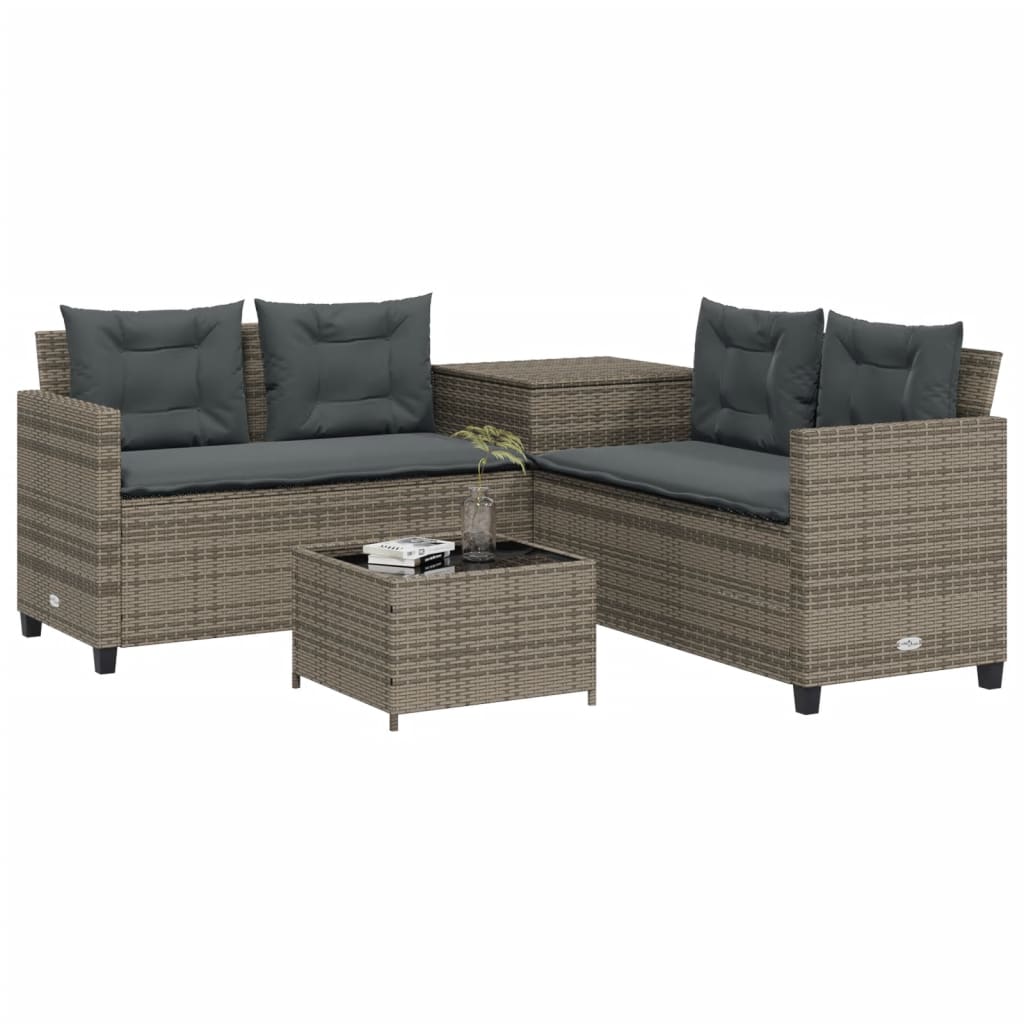 L-shaped garden sofa with table and cushions grey poly rattan