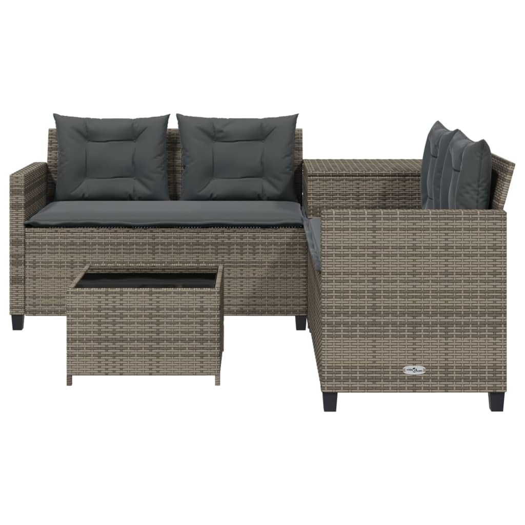 L-shaped garden sofa with table and cushions grey poly rattan