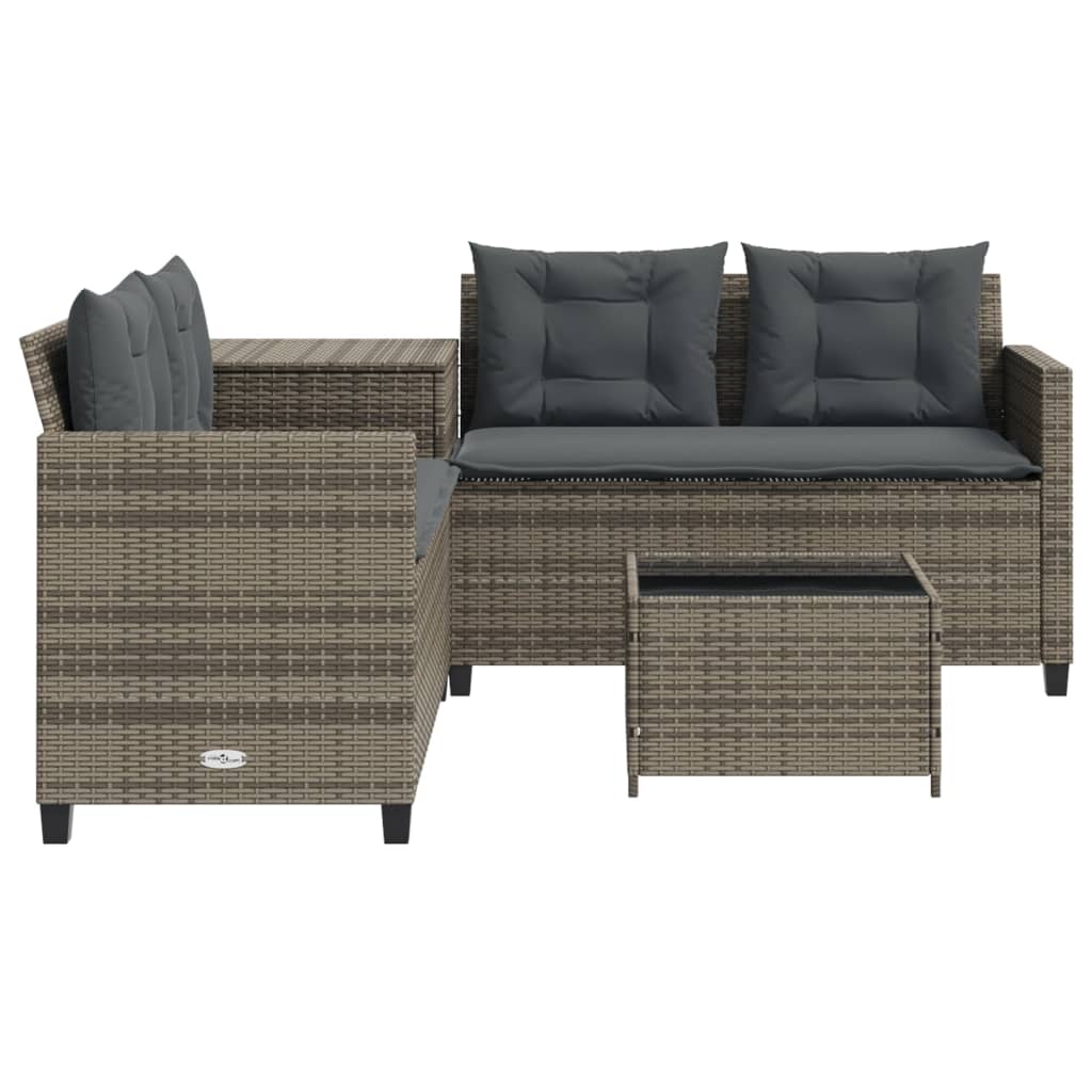 L-shaped garden sofa with table and cushions grey poly rattan