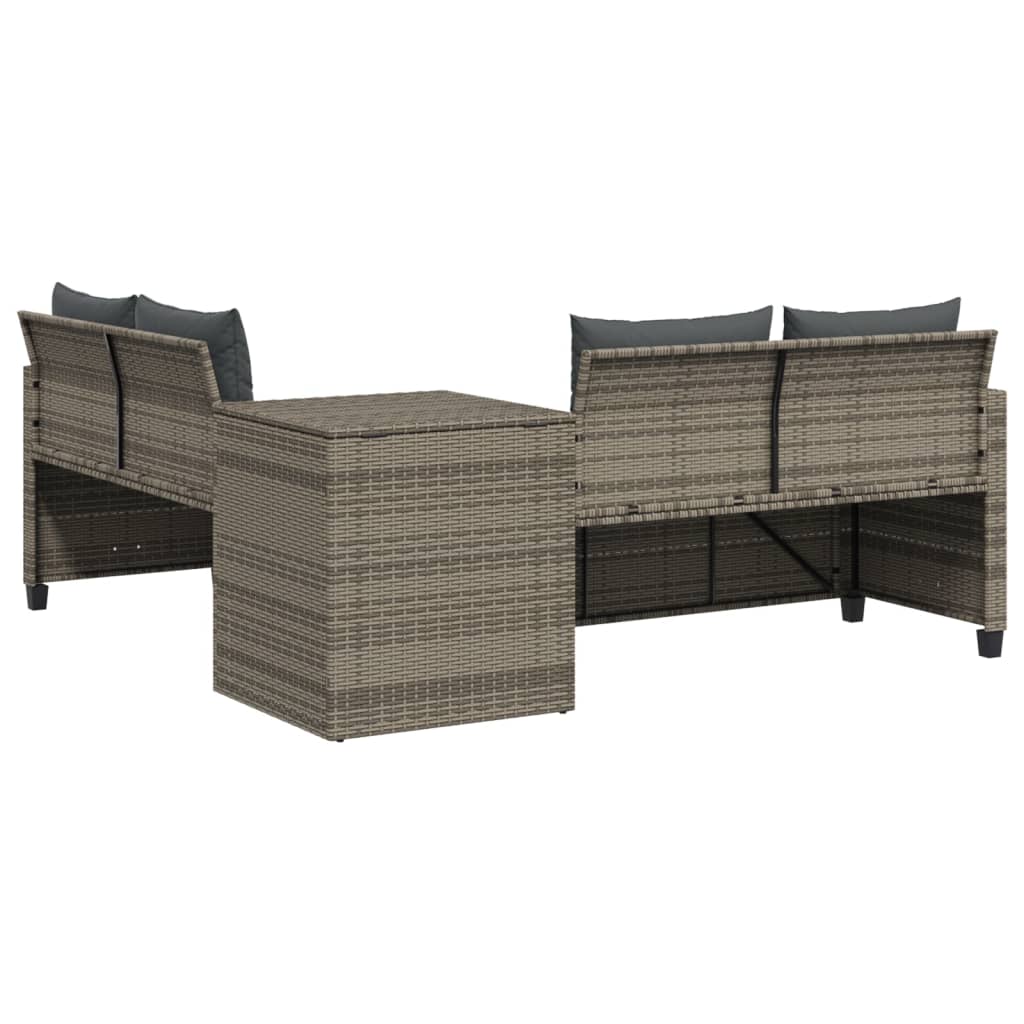 L-shaped garden sofa with table and cushions grey poly rattan