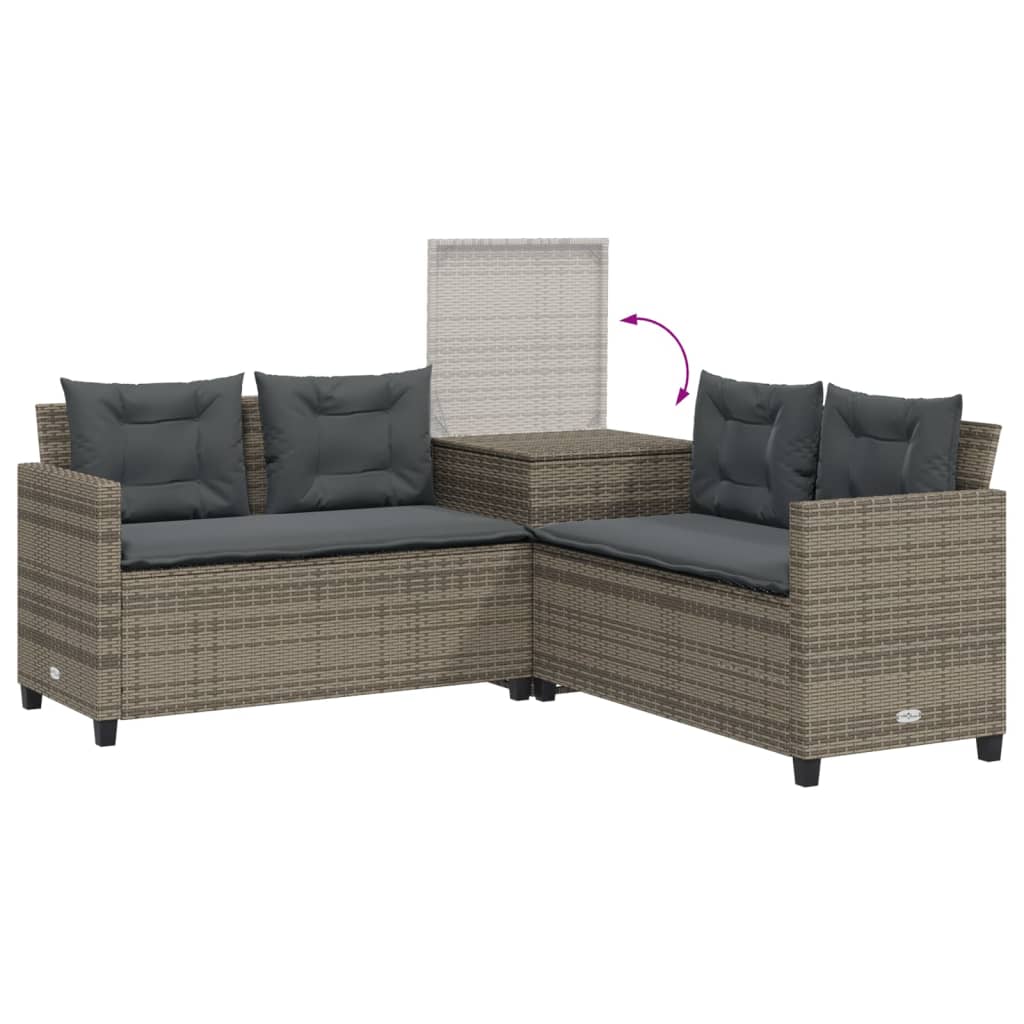 L-shaped garden sofa with table and cushions grey poly rattan
