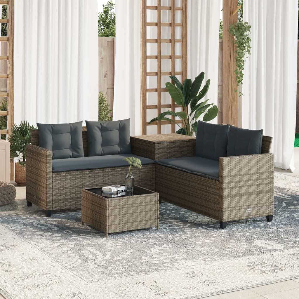 L-shaped garden sofa with table and cushions grey poly rattan