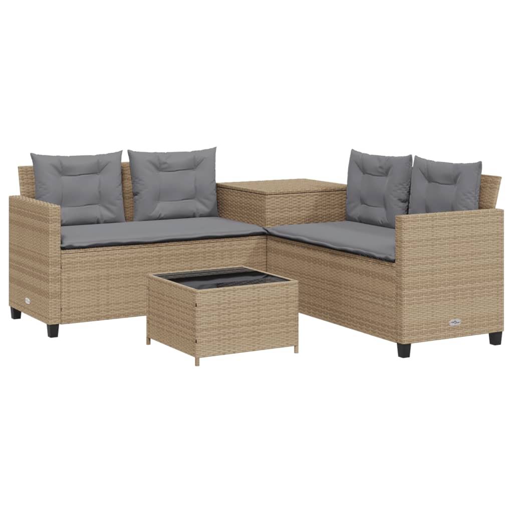 L-shaped garden sofa with table and cushions beige poly rattan