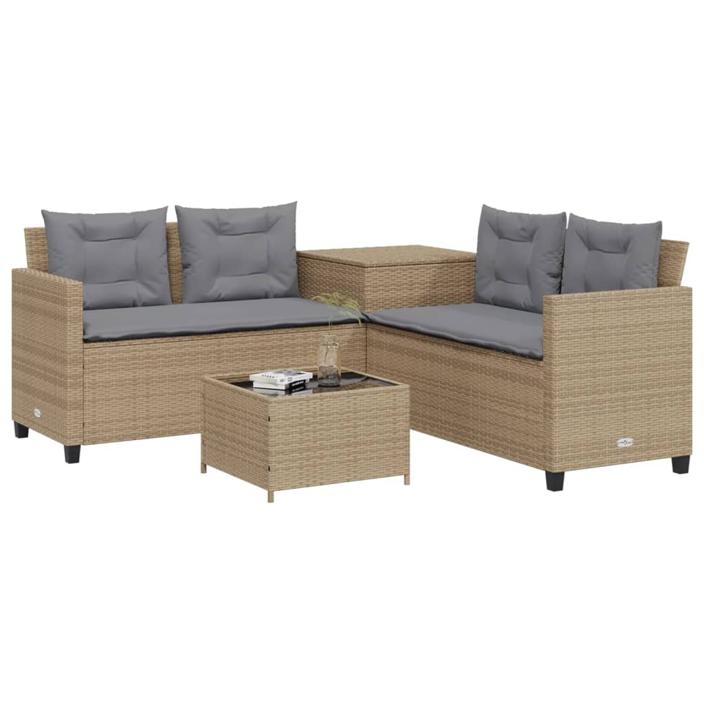 L-shaped garden sofa with table and cushions beige poly rattan