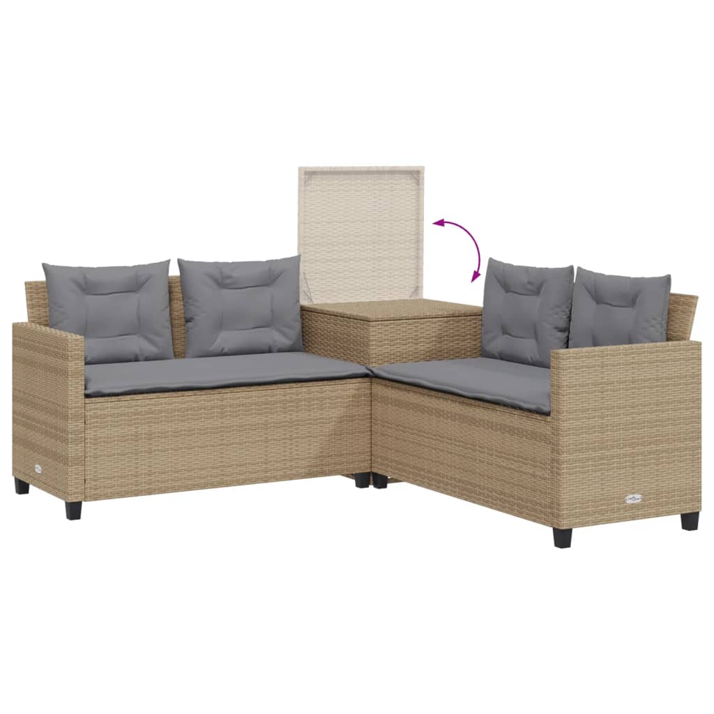 L-shaped garden sofa with table and cushions beige poly rattan