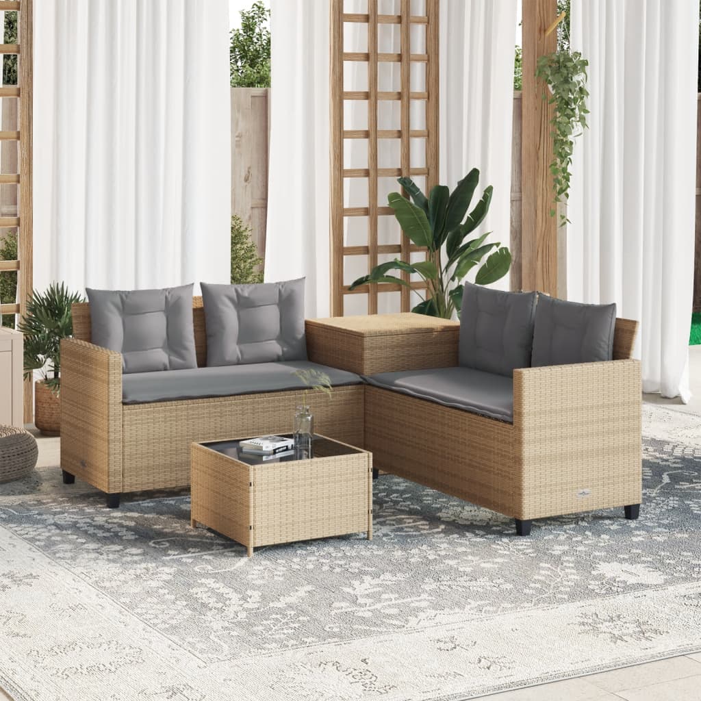 L-shaped garden sofa with table and cushions beige poly rattan