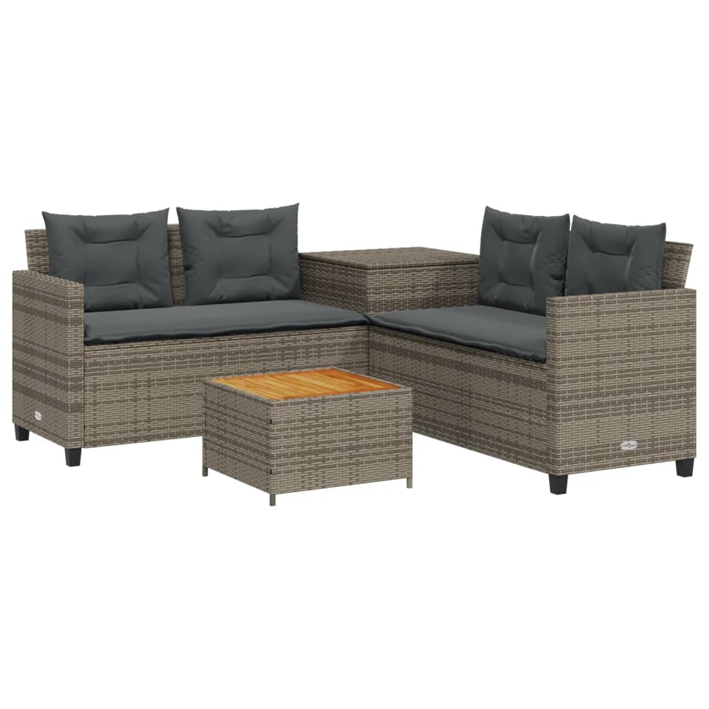 L-shaped garden sofa with table and cushions grey poly rattan
