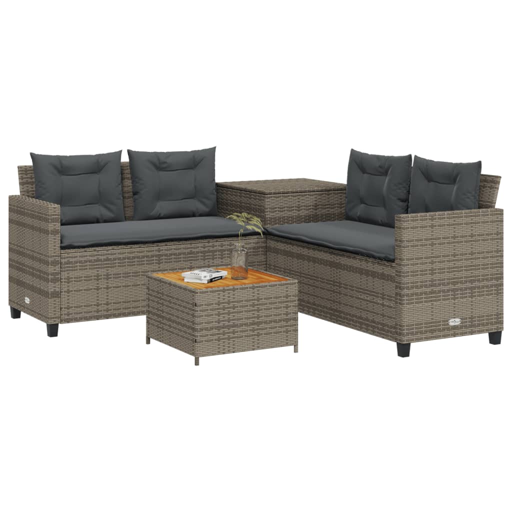 L-shaped garden sofa with table and cushions grey poly rattan