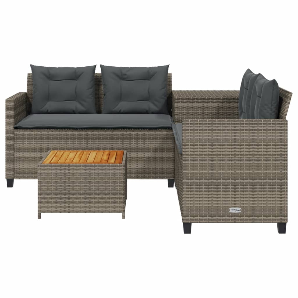 L-shaped garden sofa with table and cushions grey poly rattan