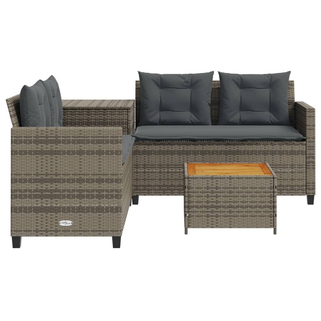 L-shaped garden sofa with table and cushions grey poly rattan