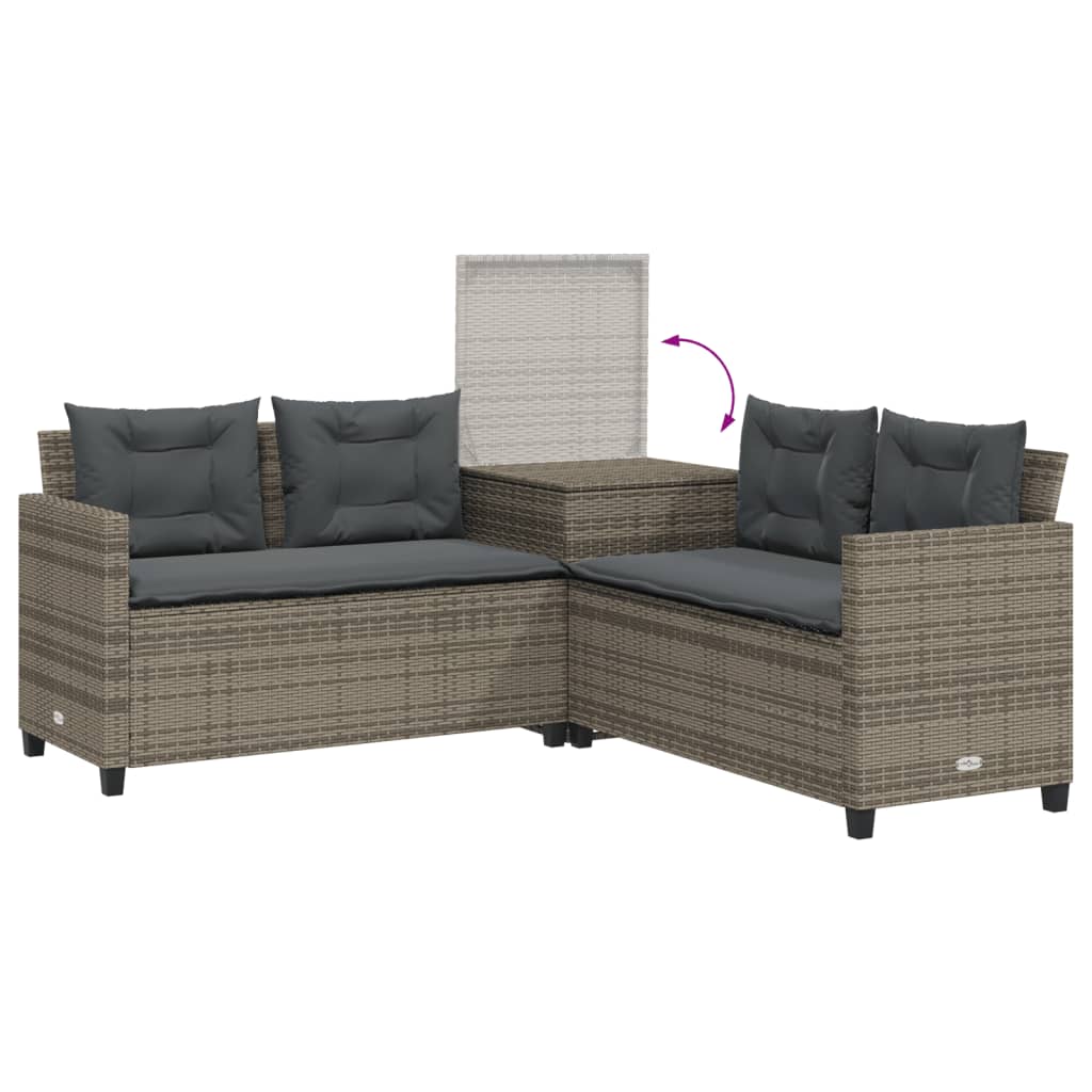 L-shaped garden sofa with table and cushions grey poly rattan