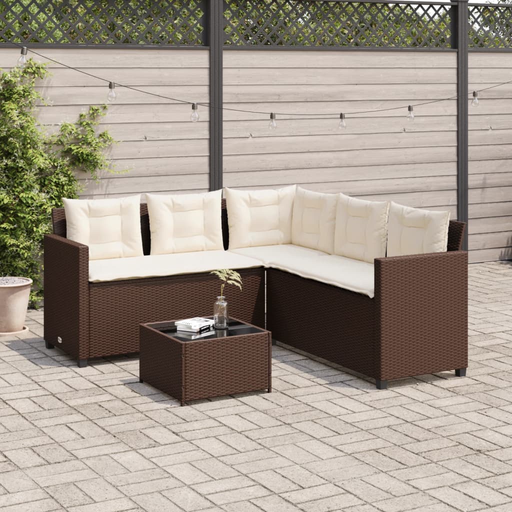 L-shaped garden sofa with table and cushions brown poly rattan