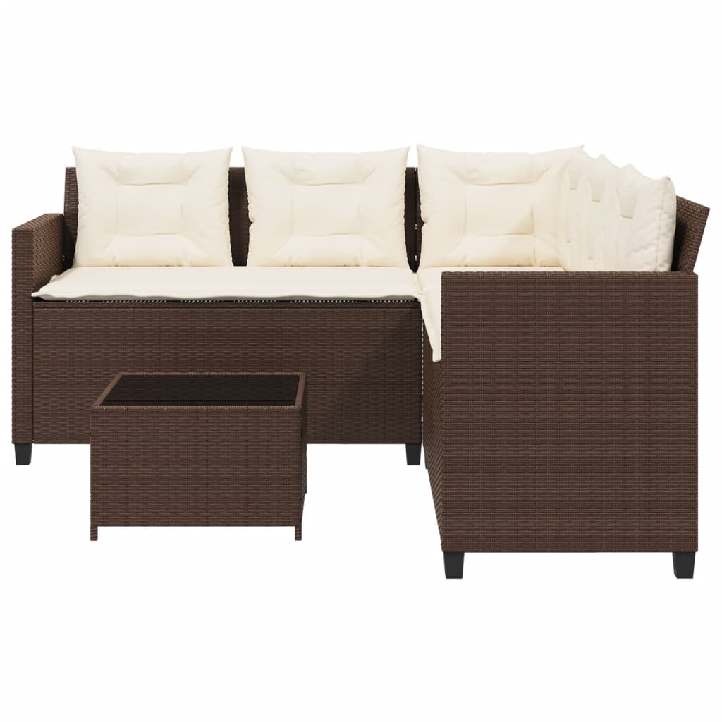 L-shaped garden sofa with table and cushions brown poly rattan