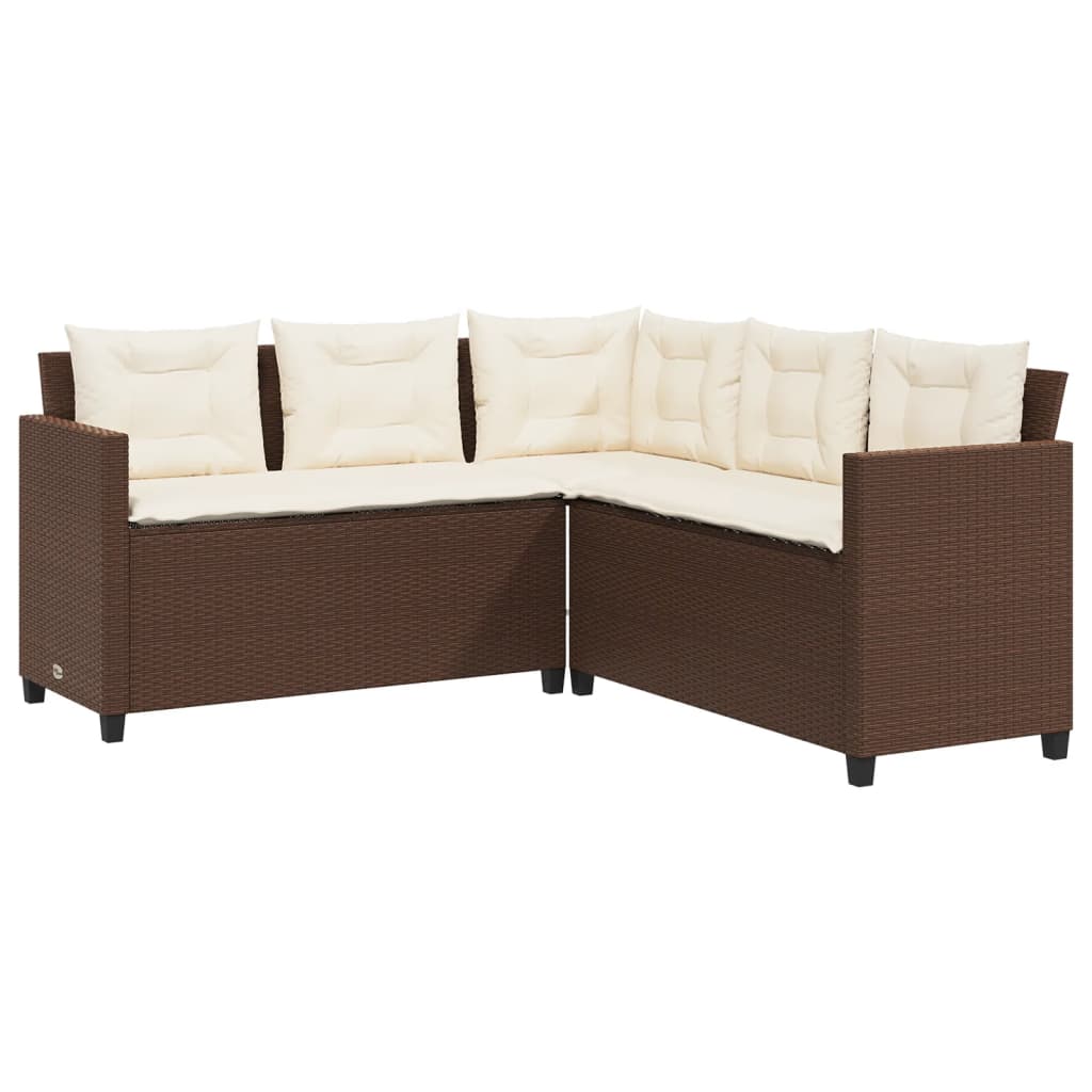 L-shaped garden sofa with table and cushions brown poly rattan