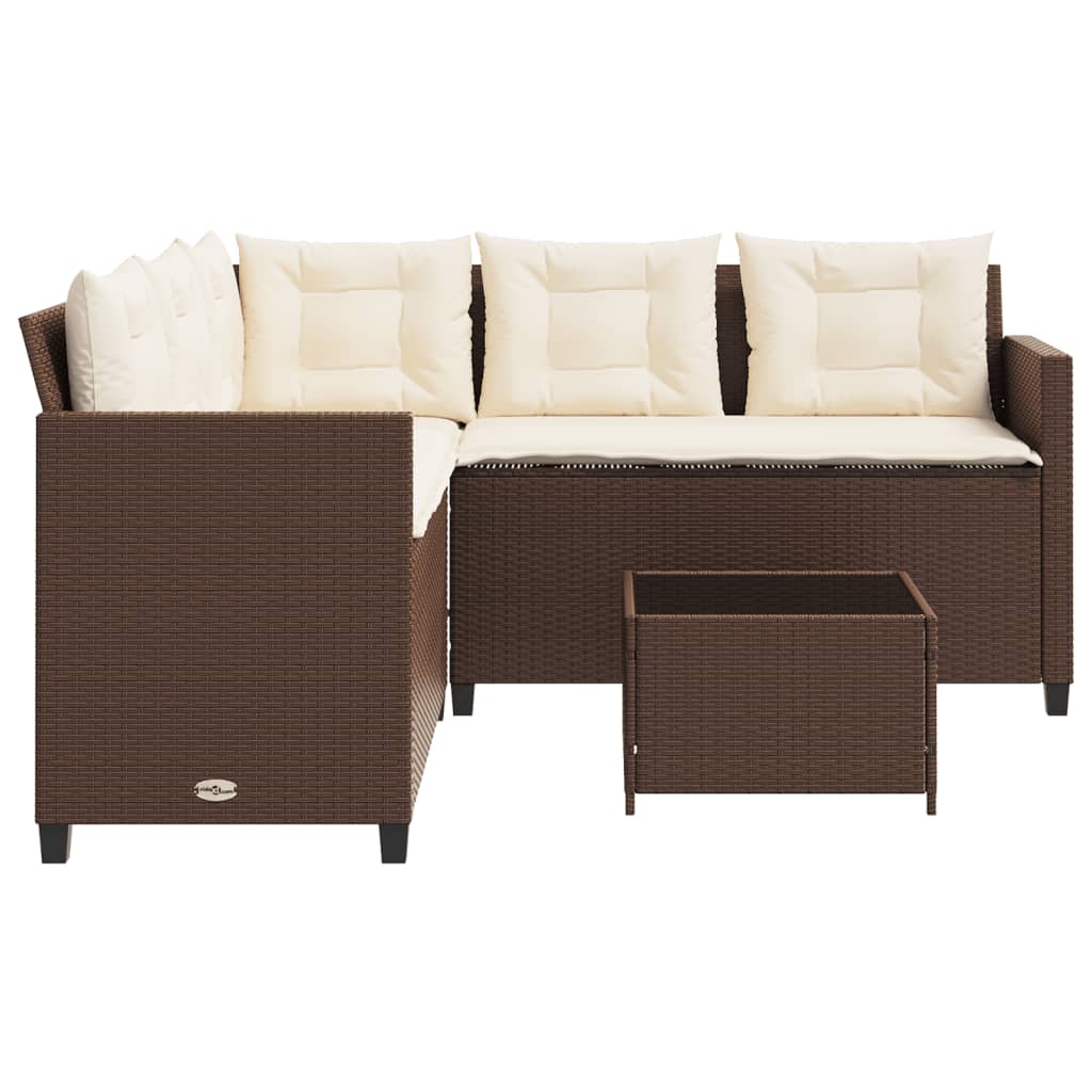 L-shaped garden sofa with table and cushions brown poly rattan