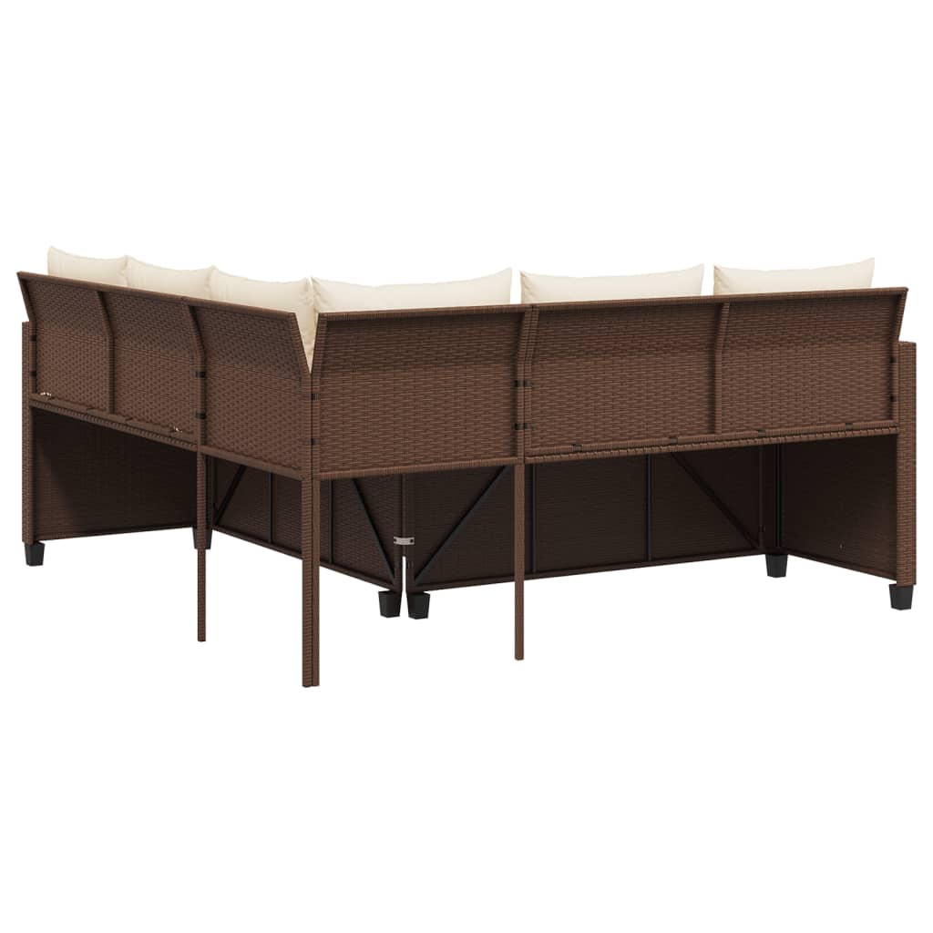 L-shaped garden sofa with table and cushions brown poly rattan