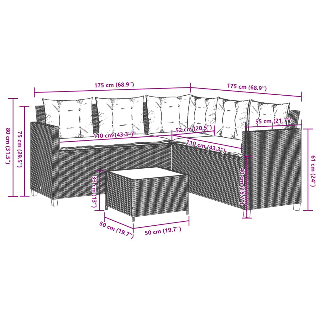 L-shaped garden sofa with table and cushions brown poly rattan
