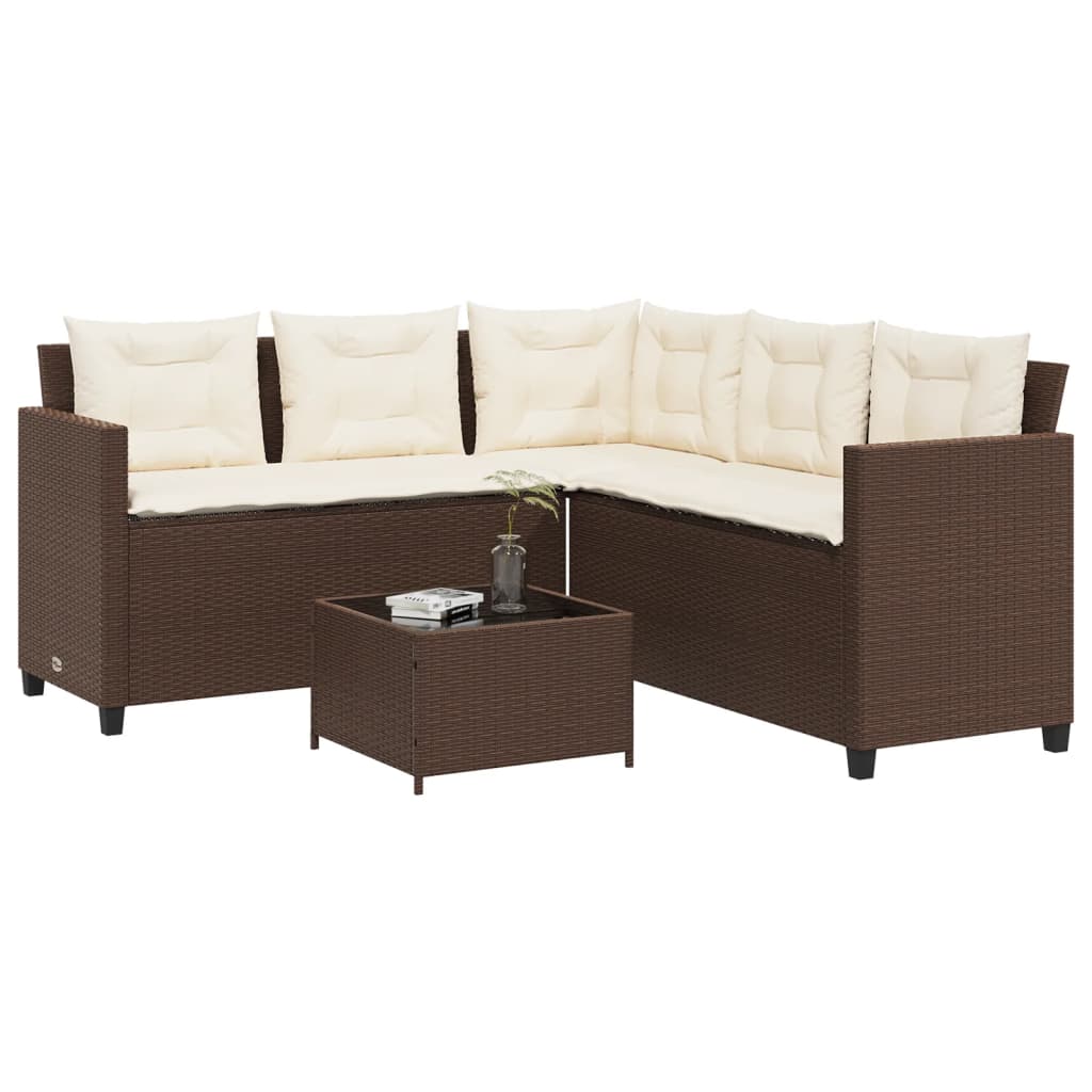 L-shaped garden sofa with table and cushions brown poly rattan