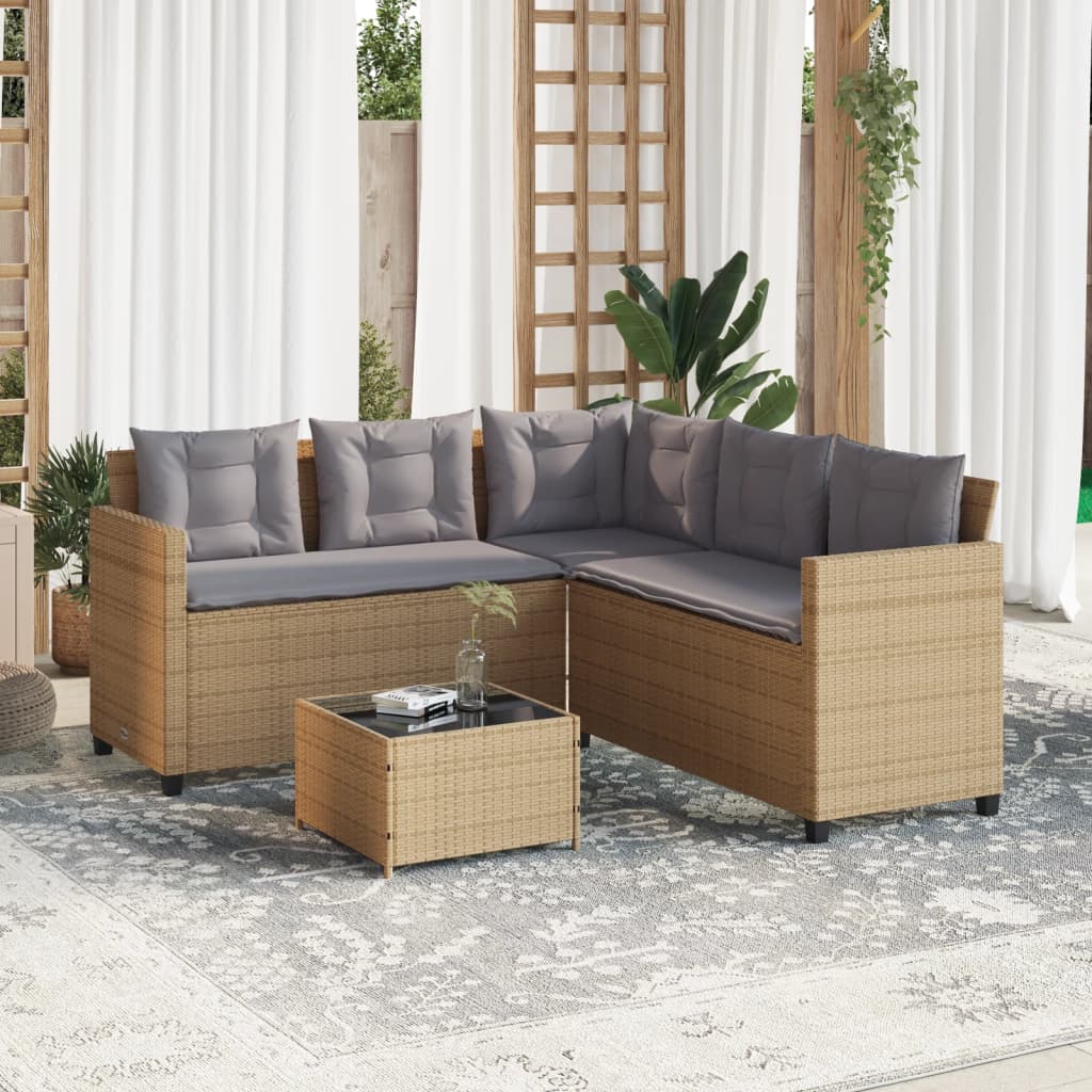 L-shaped garden sofa with table and cushions beige poly rattan