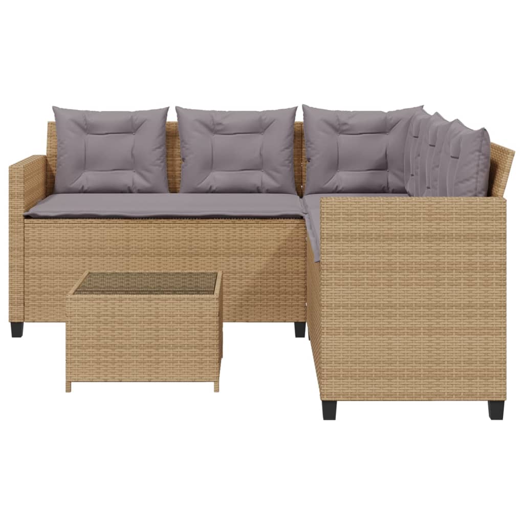 L-shaped garden sofa with table and cushions beige poly rattan