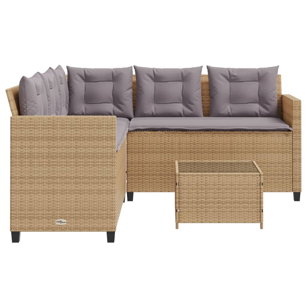 L-shaped garden sofa with table and cushions beige poly rattan