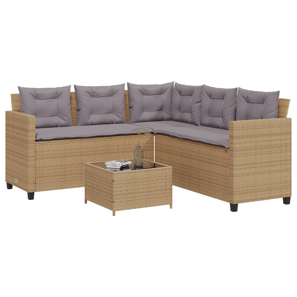 L-shaped garden sofa with table and cushions beige poly rattan