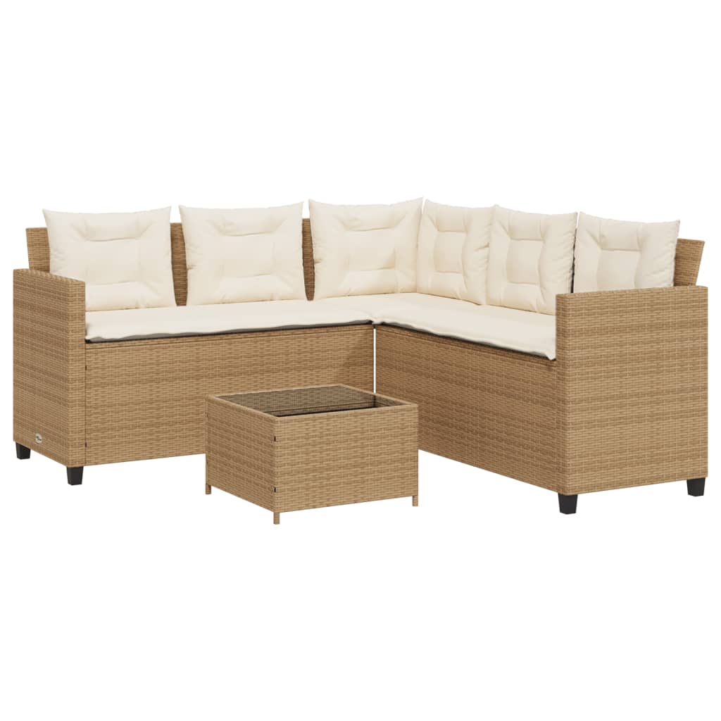 L-shaped garden sofa with table and cushions beige poly rattan